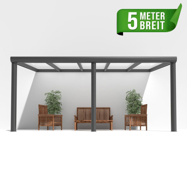 Terrassenüberdachung Alu anthrazit Premium mit 16mm Stegplatten 5 meter breit mit opal weiß