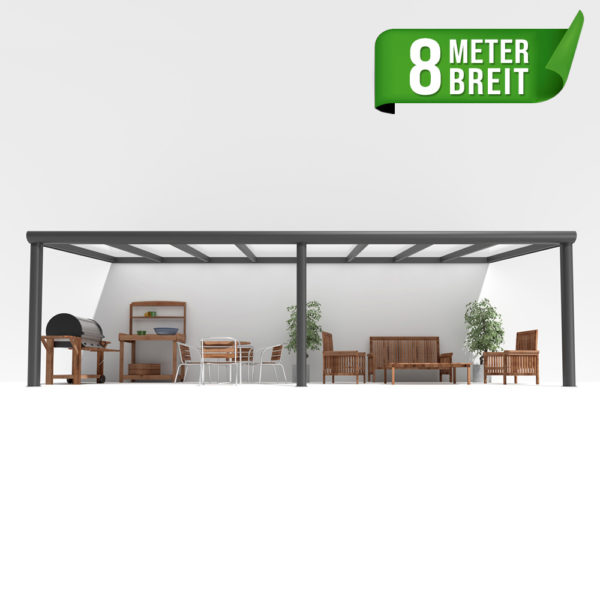 Terrassenüberdachung Alu anthrazit Premium mit 16mm Stegplatten 8 meter breit mit opal weiß