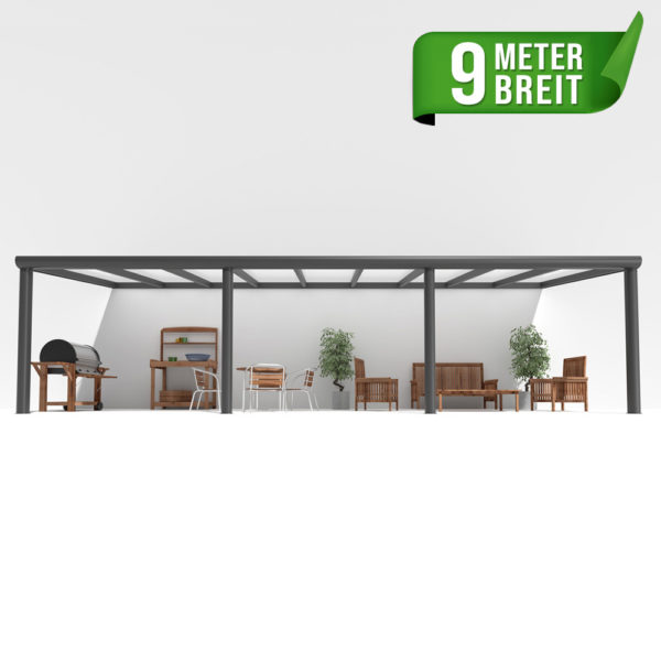 Terrassenüberdachung Alu anthrazit Premium mit 16mm Stegplatten 9 meter breit mit opal weiß